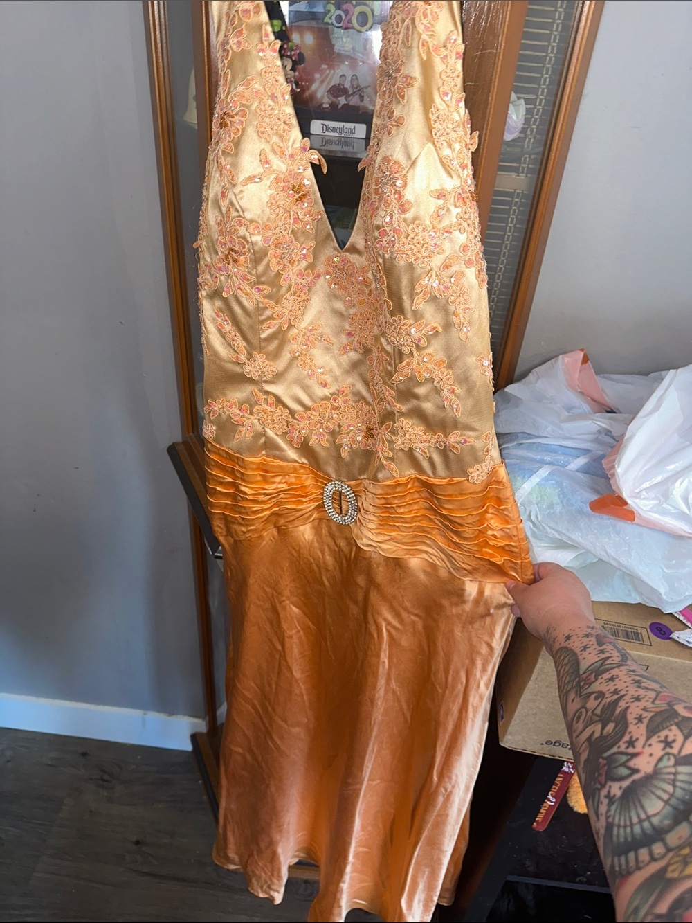 Gold Embellished Maxi Dress with Buckle Waist